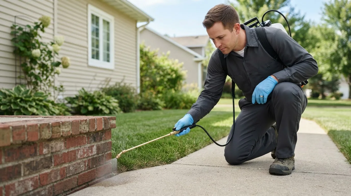 Pest control technician treating a home near Hopedale, OH
