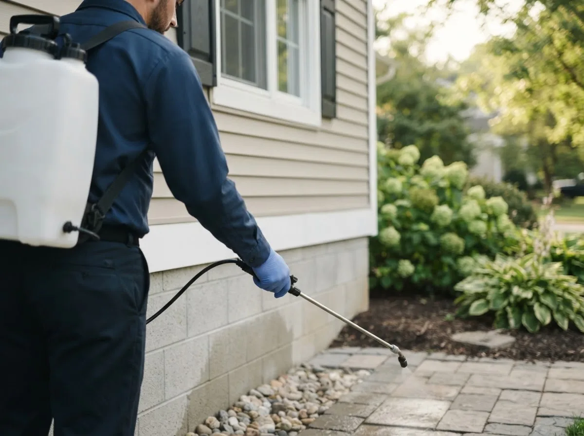Pest control technician inspecting a home in Hopedale, OH